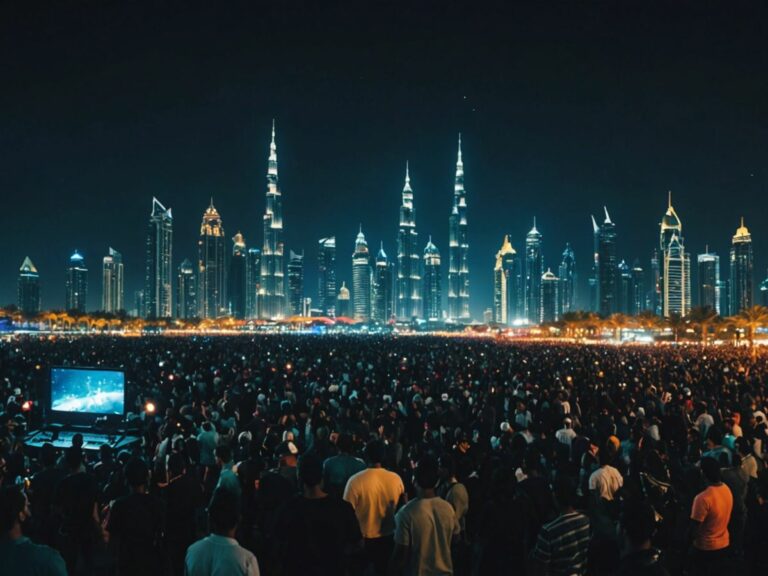 Crowd enjoying a live concert in Dubai during Eid Al-Fitr 2024 celebrations with colorful lights and cityscape.