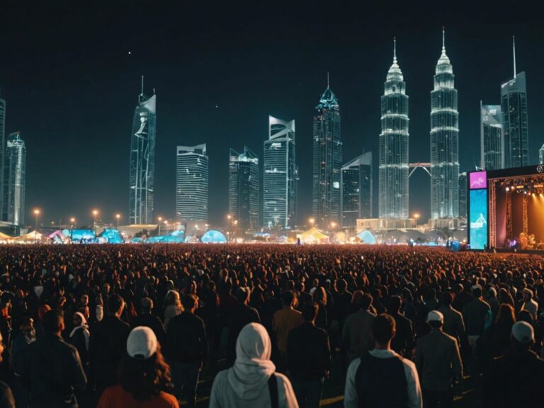 Crowd enjoying live music at Wireless Festival in Abu Dhabi, with colorful lights and city skyline in the background.