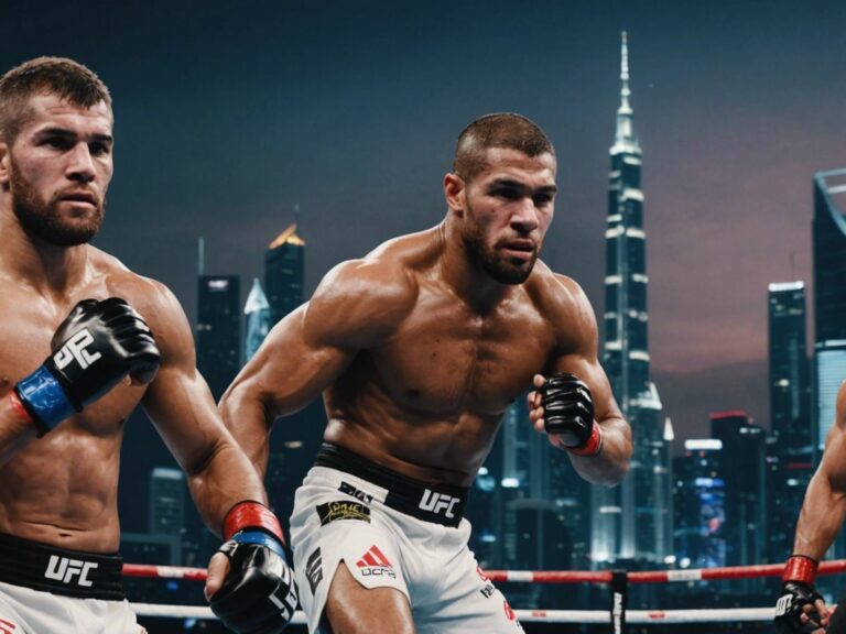 Top UFC fighters in action with Abu Dhabi skyline, promoting UFC 308 event on October 26.