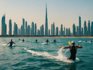 Athletes swimming, cycling, and running with Dubai skyline, promoting T100 Triathlon World Tour event in November 2024.