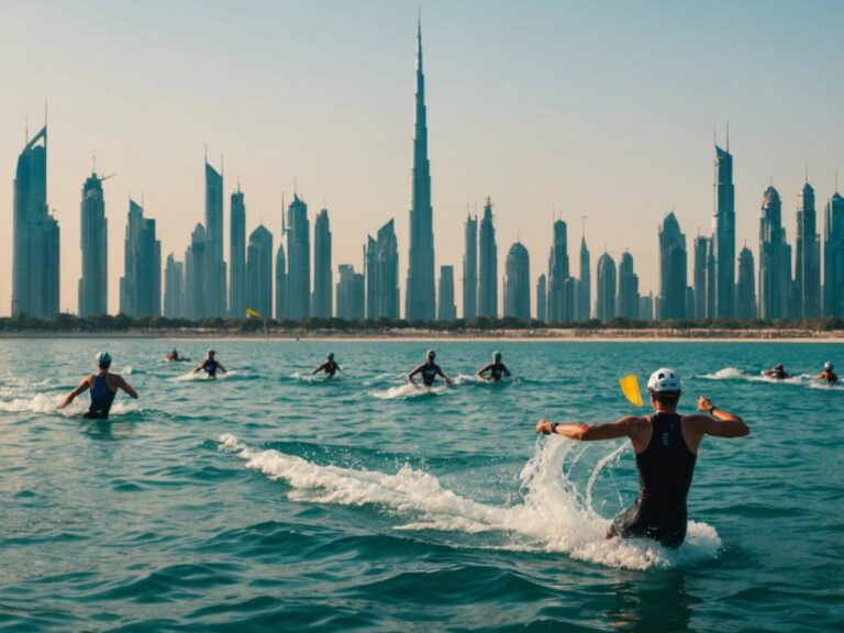 Athletes swimming, cycling, and running with Dubai skyline, promoting T100 Triathlon World Tour event in November 2024.