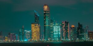 city skyline during night time