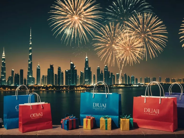 Dubai skyline with fireworks and shopping bags