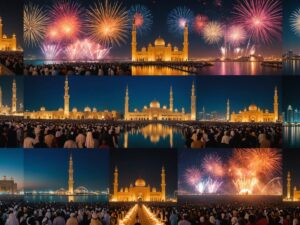 Collage of artists performing, fireworks, and UAE landmarks for Eid Al Adha 2024 events.