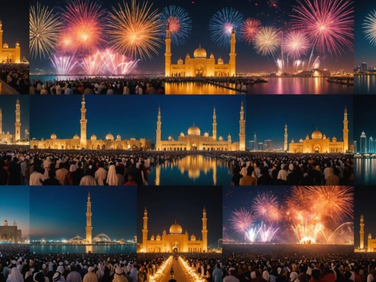 Collage of artists performing, fireworks, and UAE landmarks for Eid Al Adha 2024 events.