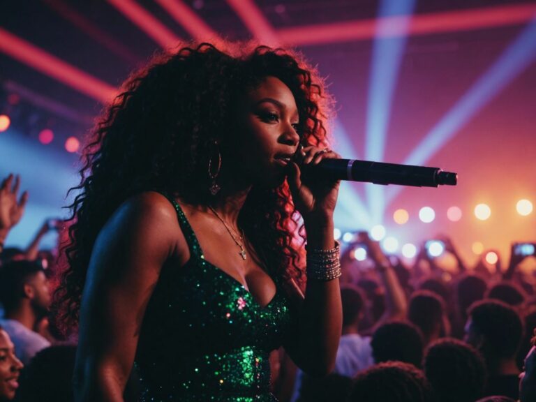 Sza and 21 Savage performing live at Wireless Middle East in Abu Dhabi with an energetic crowd and colorful lights.