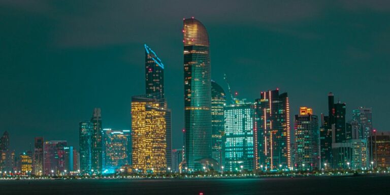 city skyline during night time