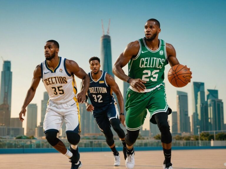 Boston Celtics and Denver Nuggets players in action with Abu Dhabi skyline in the background for NBA Abu Dhabi Games.