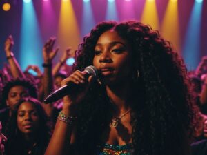 Sza and 21 Savage performing live on stage at Wireless Middle East in Abu Dhabi with an energetic crowd.