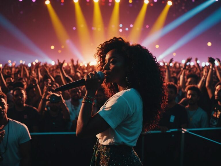 Sza and 21 Savage performing on stage at Wireless Middle East in Abu Dhabi with vibrant lights and energetic crowd.