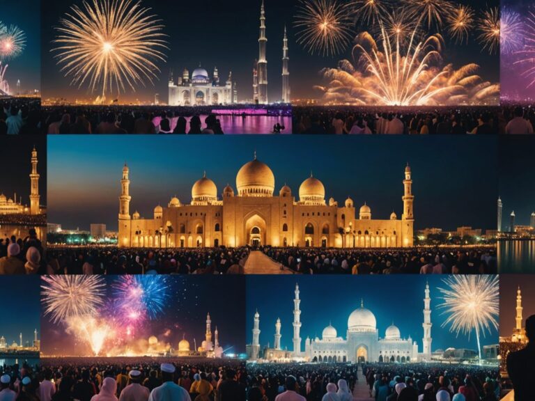 Famous artists on stage, fireworks, and UAE landmarks celebrating Eid Al Adha 2024 events and concerts.