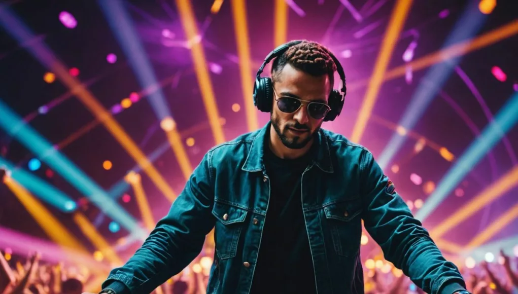 DJ performing at BRED Abu Dhabi 2024, surrounded by sound waves and colorful lights, representing the energy of the music festival.