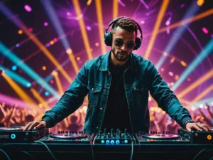 DJ performing at BRED Abu Dhabi 2024, surrounded by sound waves and colorful lights, representing the energy of the music festival.