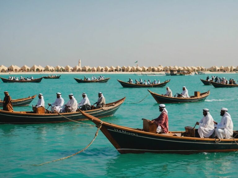 Traditional Emirati boats on turquoise waters with participants celebrating Al Dhafra Water Festival 2024 in traditional attire.