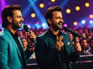 Vivek Oberoi and Atif Aslam performing together on stage in Abu Dhabi, crowd cheering.