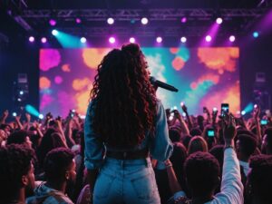 Sza and 21 Savage performing on stage at Wireless Middle East in Abu Dhabi with a lively crowd.