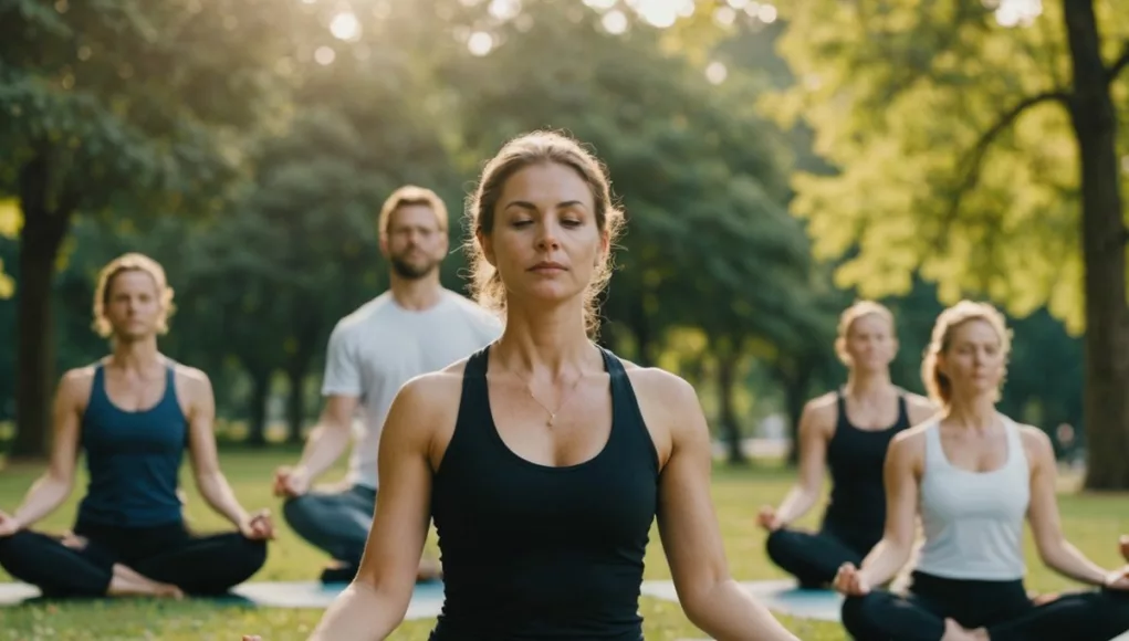 Group practicing yoga in a peaceful park environment.