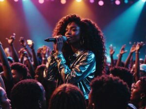 Sza and 21 Savage performing on stage at Wireless Middle East in Abu Dhabi with an energetic crowd.