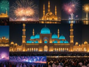 Famous artists performing, fireworks, and UAE landmarks celebrating Eid Al Adha 2024 events and concerts.