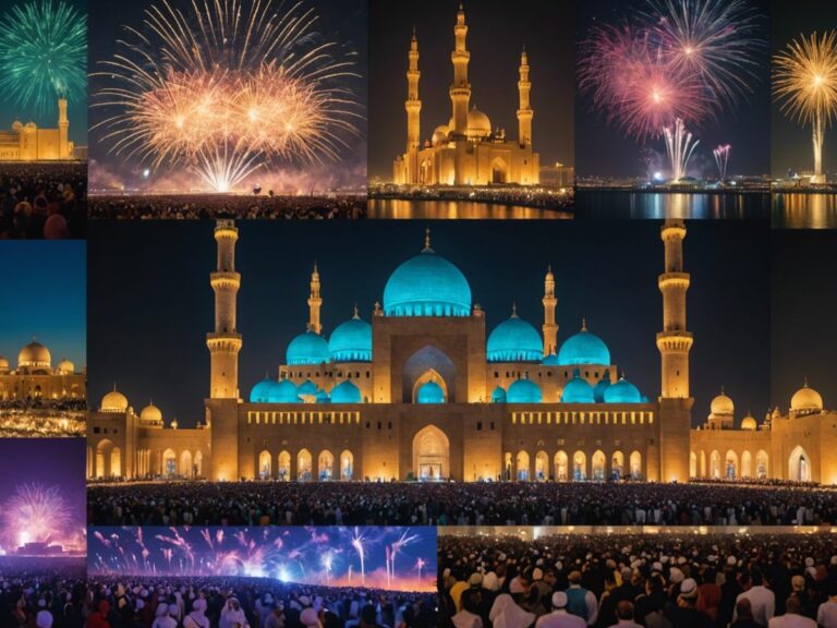 Famous artists performing, fireworks, and UAE landmarks celebrating Eid Al Adha 2024 events and concerts.