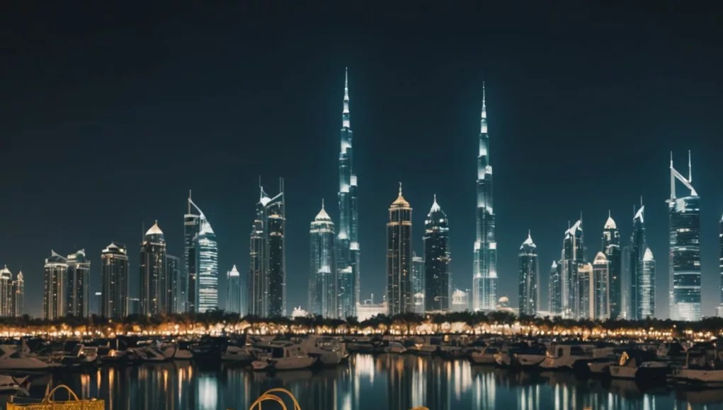 Dubai skyline with festival lights and shopping bags