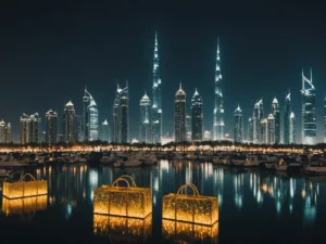 Dubai skyline with festival lights and shopping bags