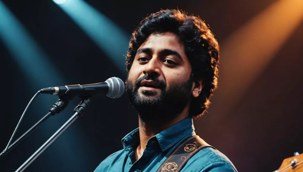 Arijit Singh singing passionately at Dubai concert.