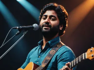 Arijit Singh singing passionately at Dubai concert.