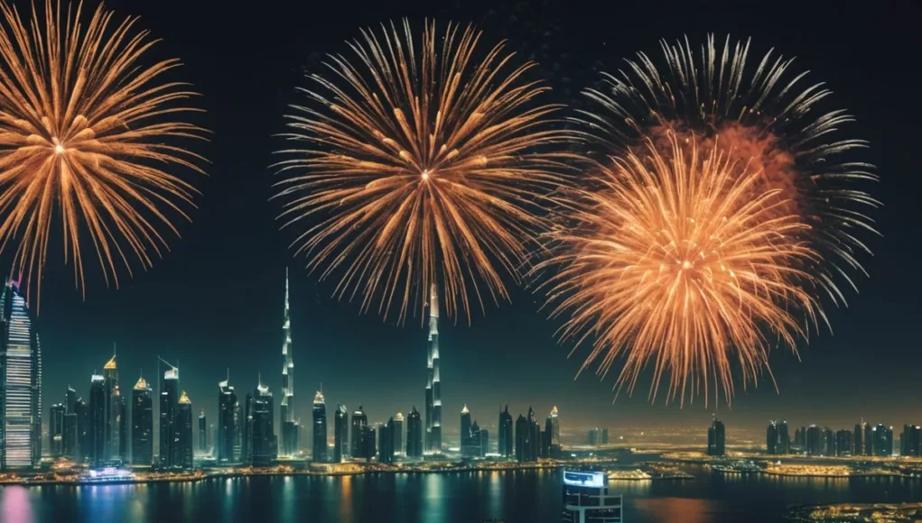 Dubai skyline with summer event banners and fireworks