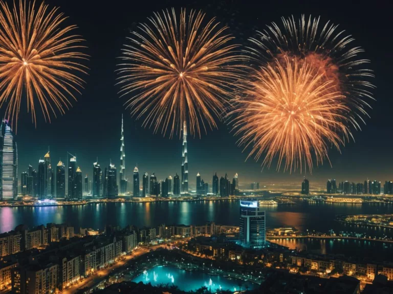 Dubai skyline with summer event banners and fireworks