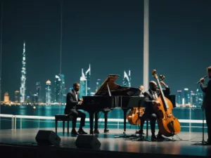 Jazz band playing with Abu Dhabi skyline in background