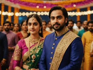 Anant Ambani and Radhika Merchant in traditional Gujarati attire.