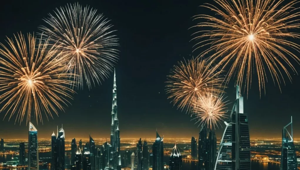 Dubai skyline with fireworks during UAE festivities