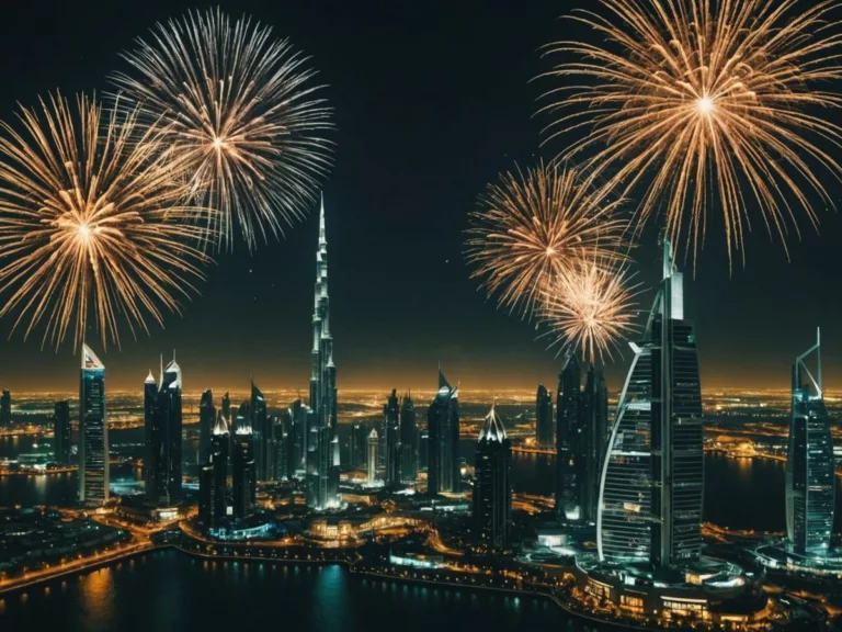 Dubai skyline with fireworks during UAE festivities