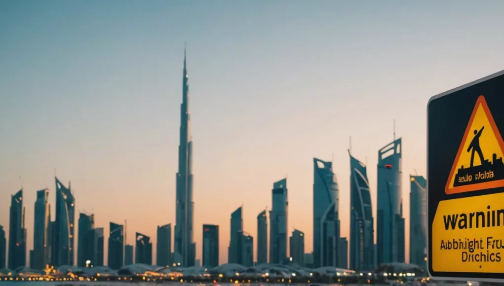 Abu Dhabi skyline, warning sign, Dh10,000 fine