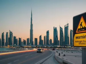 Abu Dhabi skyline, warning sign, Dh10,000 fine