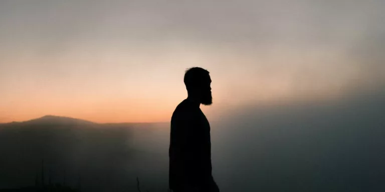 silhouette of man surrounded with fog during golden hour