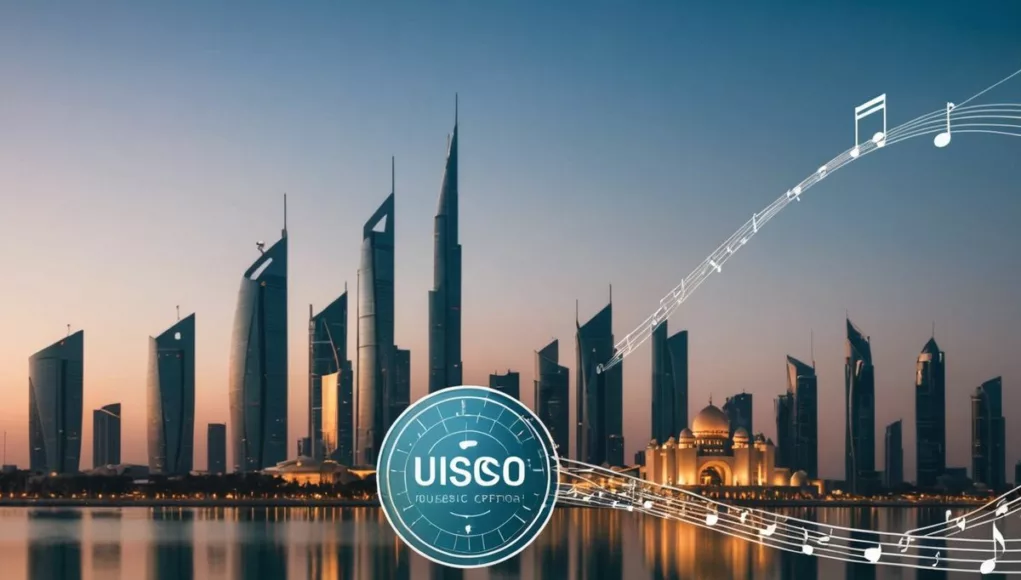 Abu Dhabi skyline with musical notes and UNESCO logo