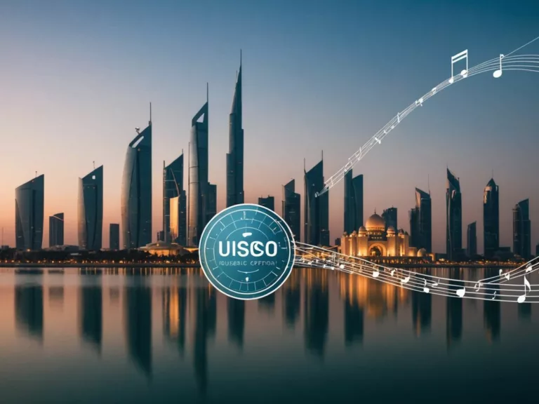 Abu Dhabi skyline with musical notes and UNESCO logo