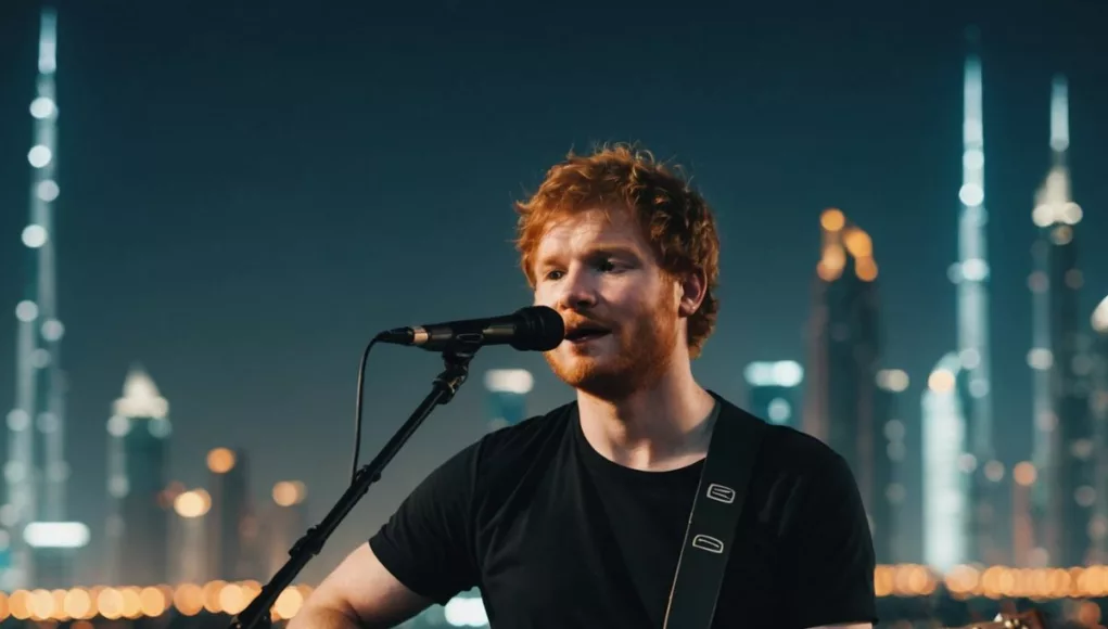 Ed Sheeran concert in Dubai with cityscape view