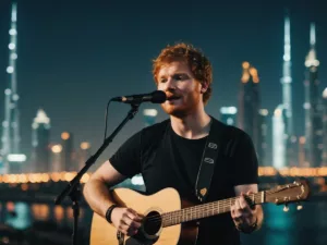 Ed Sheeran concert in Dubai with cityscape view