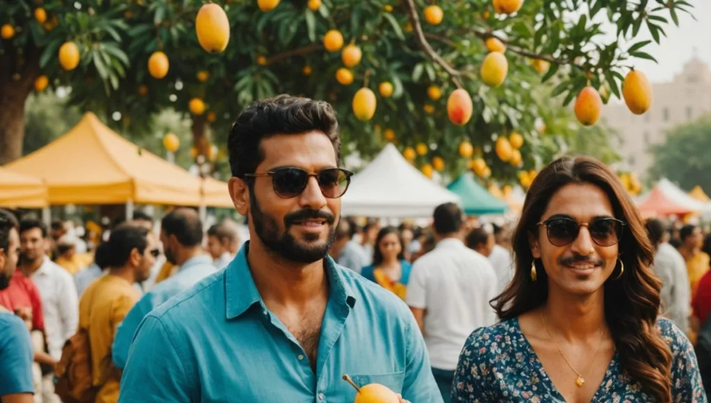 People savoring mangoes at Dubai's Mango Festival.