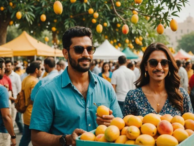 People savoring mangoes at Dubai's Mango Festival.