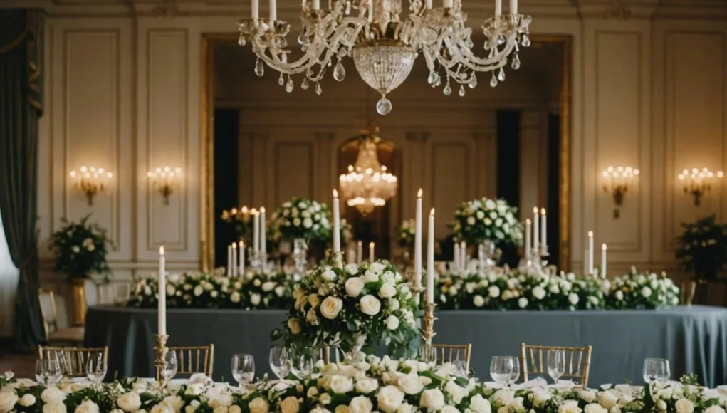 Opulent wedding scene with lavish decorations and lighting.