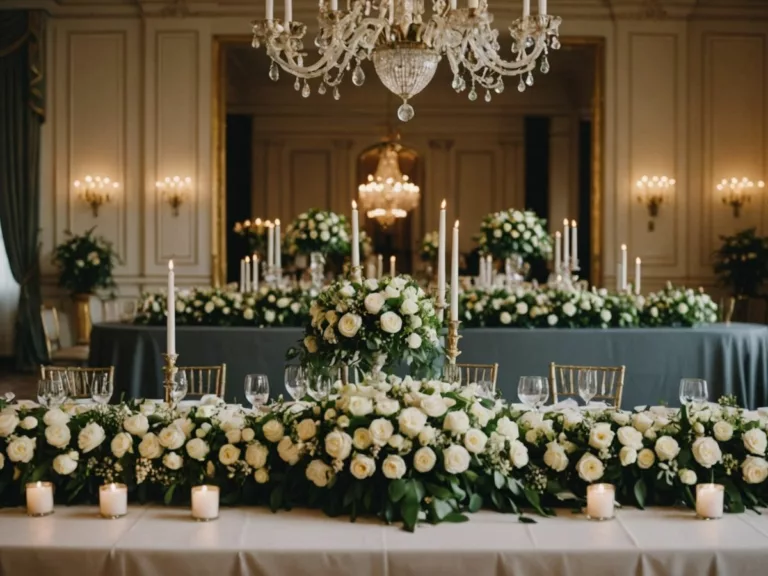 Opulent wedding scene with lavish decorations and lighting.