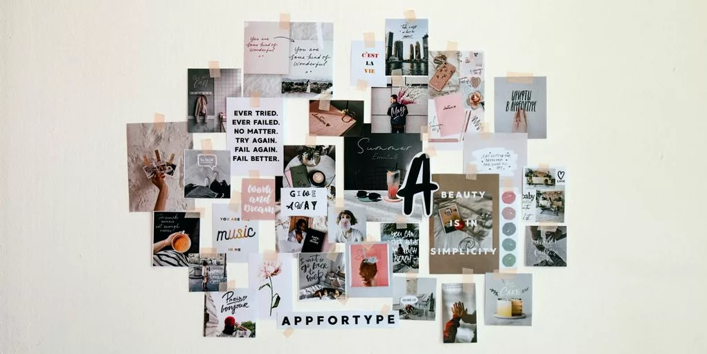 a collage of pictures and words on a white wall