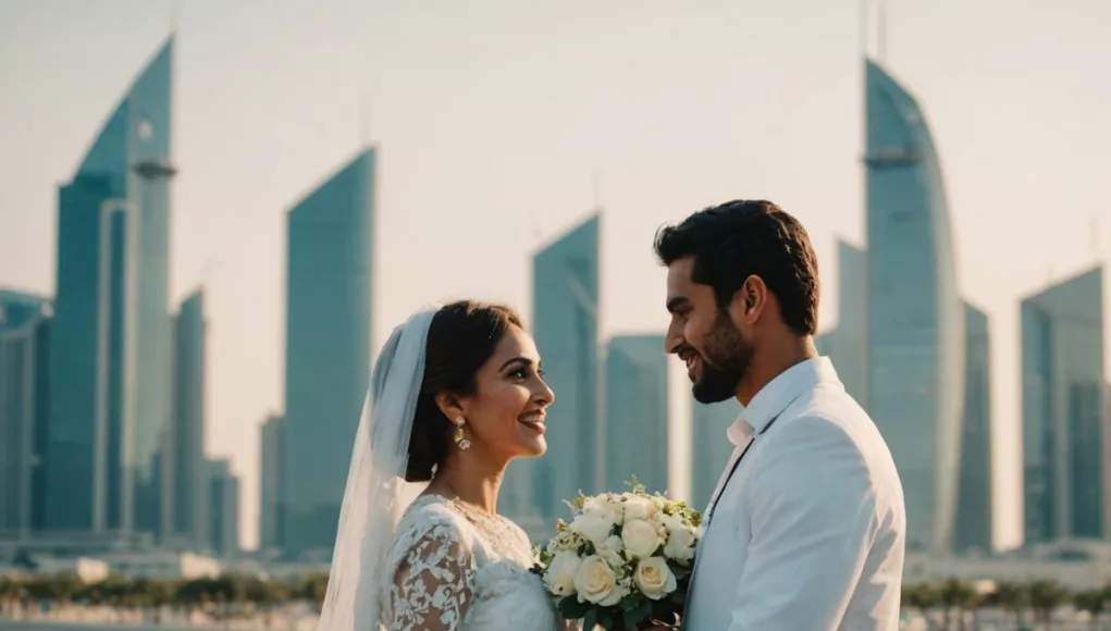 Emirati couple wedding Abu Dhabi skyline interest-free loans