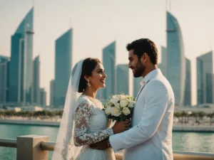 Emirati couple wedding Abu Dhabi skyline interest-free loans