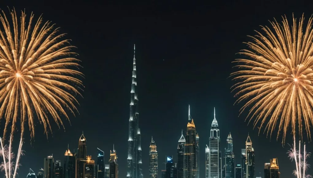 New Year's Eve fireworks over UAE skyline.