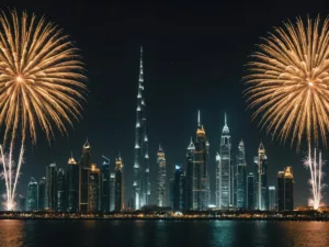 New Year's Eve fireworks over UAE skyline.